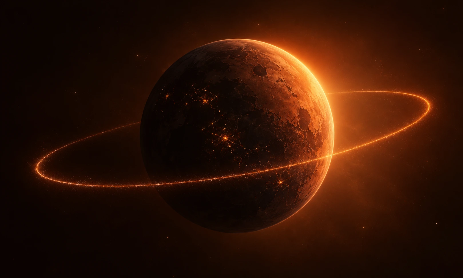 An orange-lit planet encircled by a fine orbit